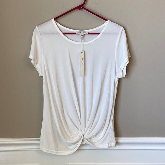 She and Sky Tops - She + Sky White‎ Twist Front Top - Large- Minimalist Capsule Casual